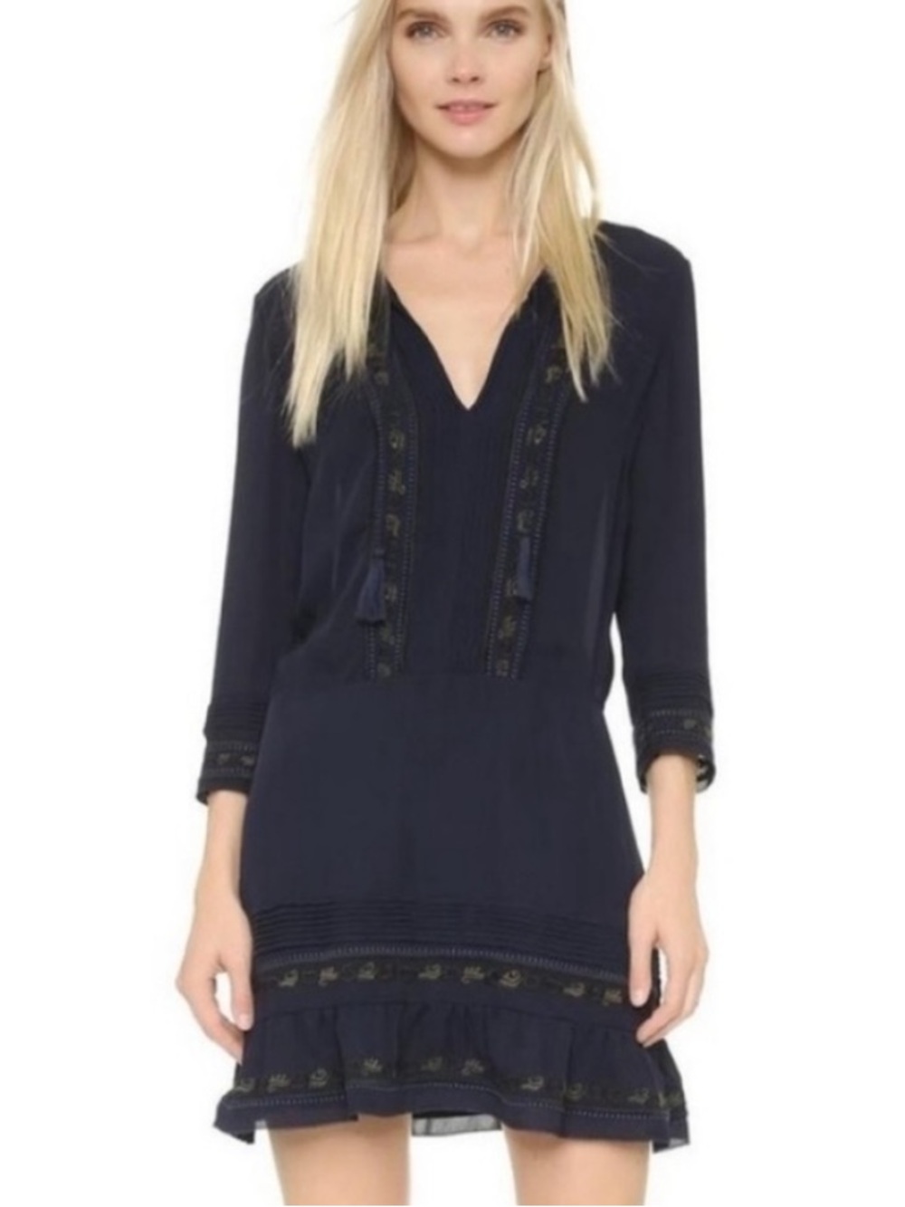 Veronica Beard Katia Silk Embroidered Boho Dress! Size 0 - Navy